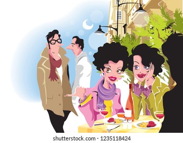 Two young women in a restaurant  talking about a man standing just behind them.