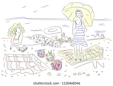 Two young women are resting on the beach by the sea.Group of friends enjoying a summer day. Women and children. Hand drawn beautiful design illustration vector EPS 8 