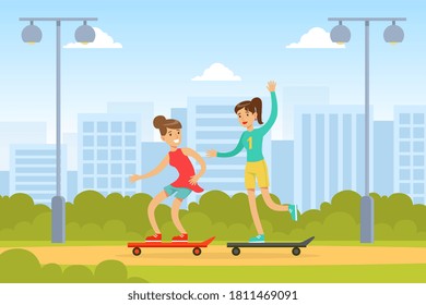 Two Young Women Riding Skateboards in the Park, Best Friends Forever Concept Cartoon Vector Illustration