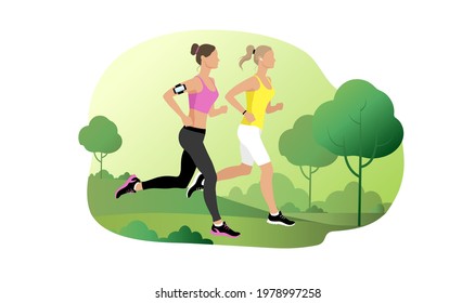 Two young women run in the park. A sporty healthy lifestyle. Runners run in the park. Vector illustration