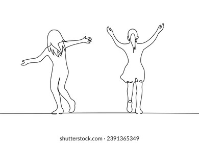 two young women running in excitement waving their arms - one line art vector. concept joy of youth, happiness, freedom, love of freedom, rebellious spirit