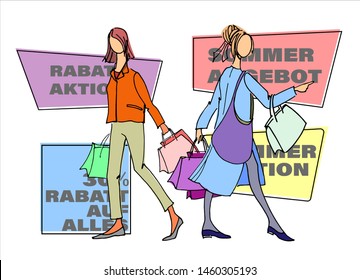 Two young women with shopping bags. Hand drawn vector illustration with summer sale signs in the back. Text in German reads Sale, Summer Offer, 30 Percent Discount on Everything, Summer Sale