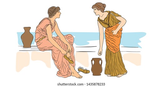 Two young women sit on a stone parapet on the beach and talk. Vector image isolated on white background.