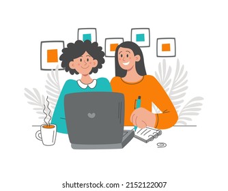 Two young women sit at a table and work on a laptop, study, watch a webinar. Vector flat illustration