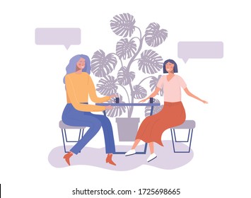 Two young women sitting in cafe and talk. Speech bubble character vector illustration