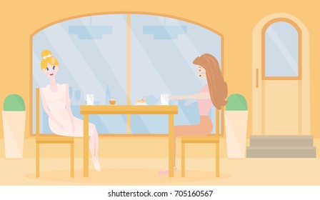 Two young women are sitting in a coffee shop and drinking hot drinks. Vector illustration in minimalistic style