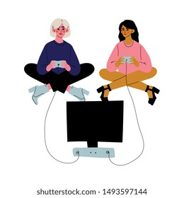 Two Young Women Sitting on Floor with Crossed Legs and Playing Video Games, Friends Spending Time Together Vector Illustration