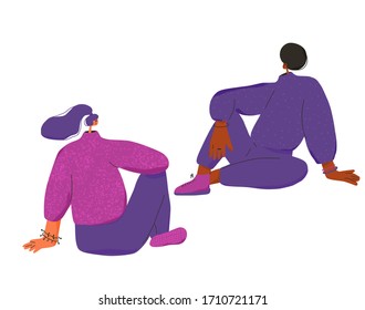 Two young women sitting on the floor. Female persons dressed in casual clothes. Friends spending time together. Vector flat color illustration.