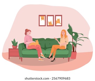 Two young women are sitting on the couch with cat. Relaxation at home. Greeting card. Vector illustration.