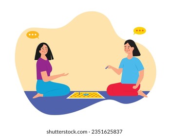 Two young women sitting playing a board game happily while talking, enjoying at home with friends. Character designs. Vector flat illustration