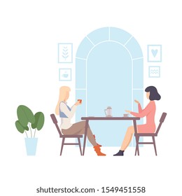 Two young women are sitting at a table in a cafe. Vector illustration.
