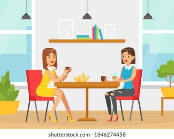 Two Young Women Sitting at Table and Drinking Coffee with Croissants and Cupcakes Vector Illustration