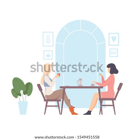 Two young women are sitting at a table in a cafe. Vector illustration.