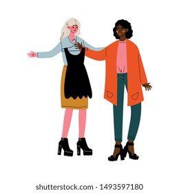 Two Young Women Spending Time Together, Female Friendship,, Meeting of Friends or Colleagues, Vector Illustration