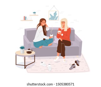 Two young women spending time together. Girls cosy sitting on the couch, talking and holding cup tea, coffee. Home or cafe style modern vector illustration.
