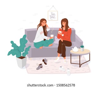 Two young women spending time together. Girls cosy sitting on the couch, talking and holding cup tea, coffee. Home or cafe style modern vector illustration.