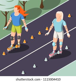 Two young women in sport uniform riding on rollers in park tracks isometric vector illustration