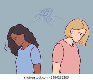 Two young women stand apart with sad expressions, struggling to communicate. The image symbolizes emotional barriers and conflict. LGBT