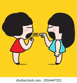 Two Young Women are Standing Opposite And Fighting With Words And Pointing Finger Concept Card Cartoon Character illustration