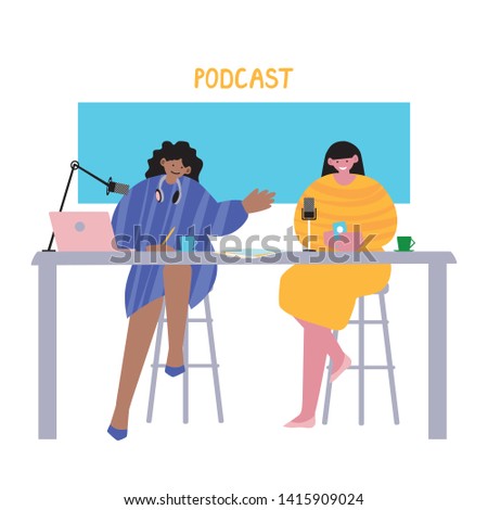 
Two young women in the studio. Dark-skinned girl writes an interview with a white girl. Record Podcast Vector