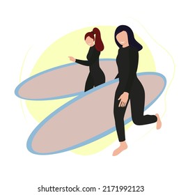 Two young women with surfing boards flat vector illustration. Two female surfers with boards isolated vector