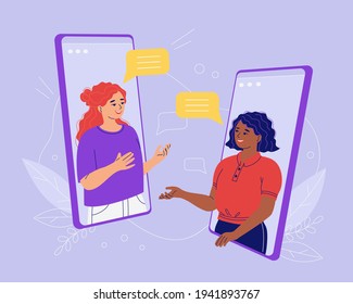 Two young women talking by video call via smartphone. Remote communication concept of diverse friends on the network, female couple. Internet party, family event, online date. Vector illustration