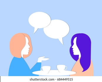 Two young women talking in the cafe. Pink and blue flat style vector illustration