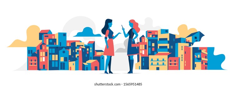 Two young women talking and discussing the latest news. Vector illustration