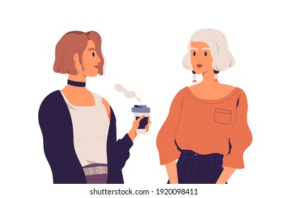 Two young women talking and drinking coffee. Chatting girlfriends isolated on white background. Communication of mother and daughter. Colorful flat vector illustration