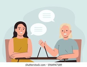 Two Young Women Talking To Each Other, Having A Chat, Working On Laptop On Table. Teamwork Concept Flat Style Vector Colorful Cartoon Illustration Of Conversation.  