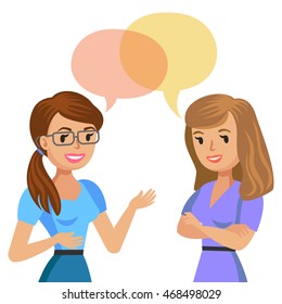 Two young women talking. Meeting colleagues or friends. Vector illustration