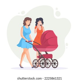 Two young women walking with baby carriage talking and smiling. One woman pushing stroller, another looking adoringly at baby. Happy motherhood, female friendship cartoon vector