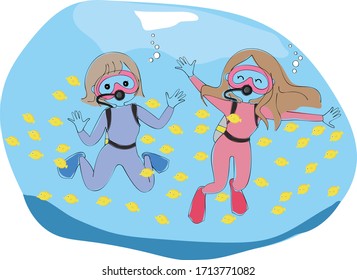 Two young women watching yellow fish while diving in the sea