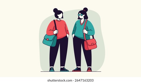 Two young women wearing casual clothes with shoulder bags