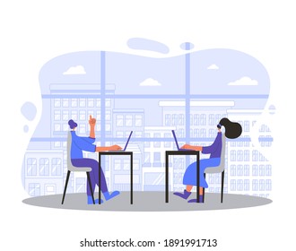 Two young women working on computer near big window. Coworkers sitting at the meeting and talk about curent project. Characters working on laptop. Vector flat color illustration.