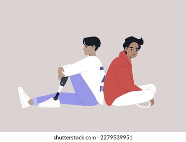 Two youthful figures are seated back-to-back, spending time together, and one of them has a prosthetic leg