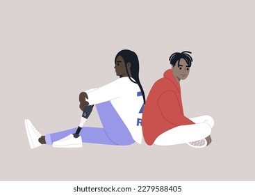 Two youthful figures are seated back-to-back, spending time together, and one of them has a prosthetic leg