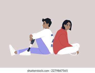 Two youthful figures are seated back-to-back, spending time together, and one of them has a prosthetic leg