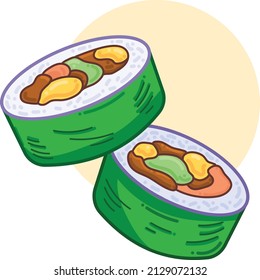 Two Yummy Sushi wrapped in seaweed. Vector Illustration Icon outline. Japanese Food Cuisine with simple flat cartoon art styled drawing isolated on yellow circle and white square background.