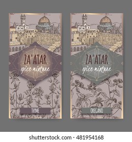 Two Zaatar spice mixture labels with Jerusalem town landscape, thyme and oregano sketch. Culinary herbs collection. Great for cooking, medical, gardening design.