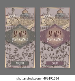 Two Zaatar spice mixture labels with Jerusalem town landscape, marjoram and savory sketch. Culinary herbs collection. Great for cooking, medical, gardening design.