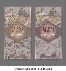 Two Zaatar spice mixture labels with Jerusalem town landscape, coriander and caraway sketch. Culinary herbs collection. Great for cooking, medical, gardening design.