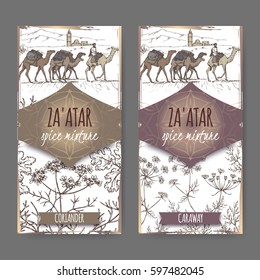 Two Zaatar spice mixture labels with Jerusalem town landscape, coriander and caraway sketch. Culinary herbs collection. Great for cooking, medical, gardening design.