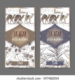 Two Zaatar spice mixture labels with Jerusalem town landscape, cumin and sesame sketch. Culinary herbs collection. Great for cooking, medical, gardening design.