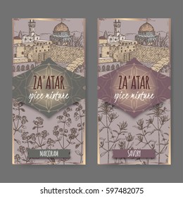 Two Zaatar spice mixture labels with Jerusalem town landscape, marjoram and savory sketch. Culinary herbs collection. Great for cooking, medical, gardening design.