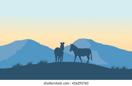 Two zebra silhouette on the mountain at the morning
