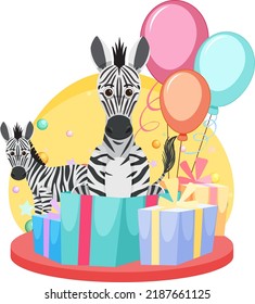 Zwei Zebras mit Geschenkbox und Ballons zur Illustration
