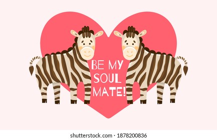 Two zebras on the background of a large pink heart. Cartoon zebras in flat style. Inscription be my other half. Valentine s Day card.