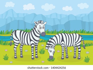 Two zebras standing in the steppe landscape. Funny cartoon and vector illustration