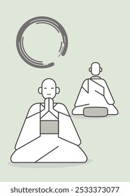 Two zen buddhist monks meditating. One is facing the front and the other is facing the back. Behind them a enso circle. Vector illustration is a basic line style.